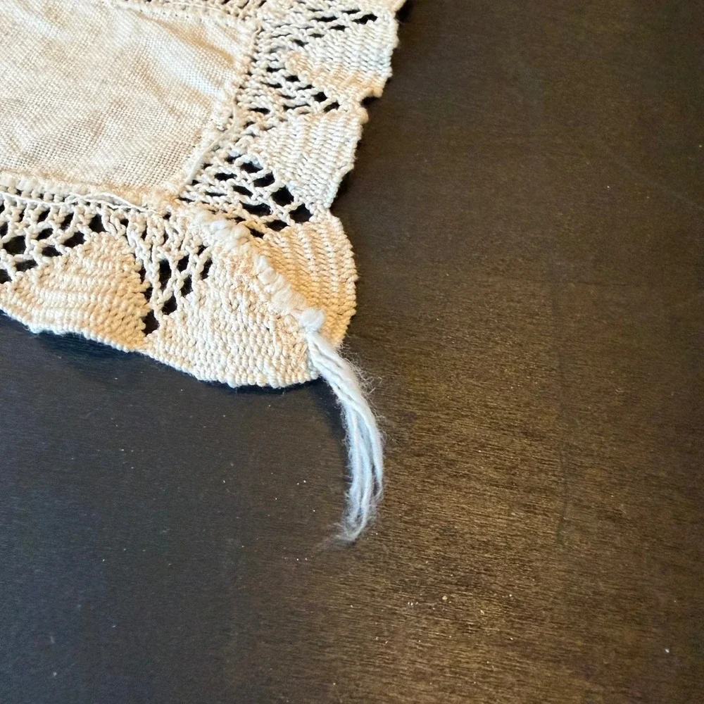 Vintage Off White Linen Dresser Scarf Crochet Lace Trim Small Table Runner 13x6